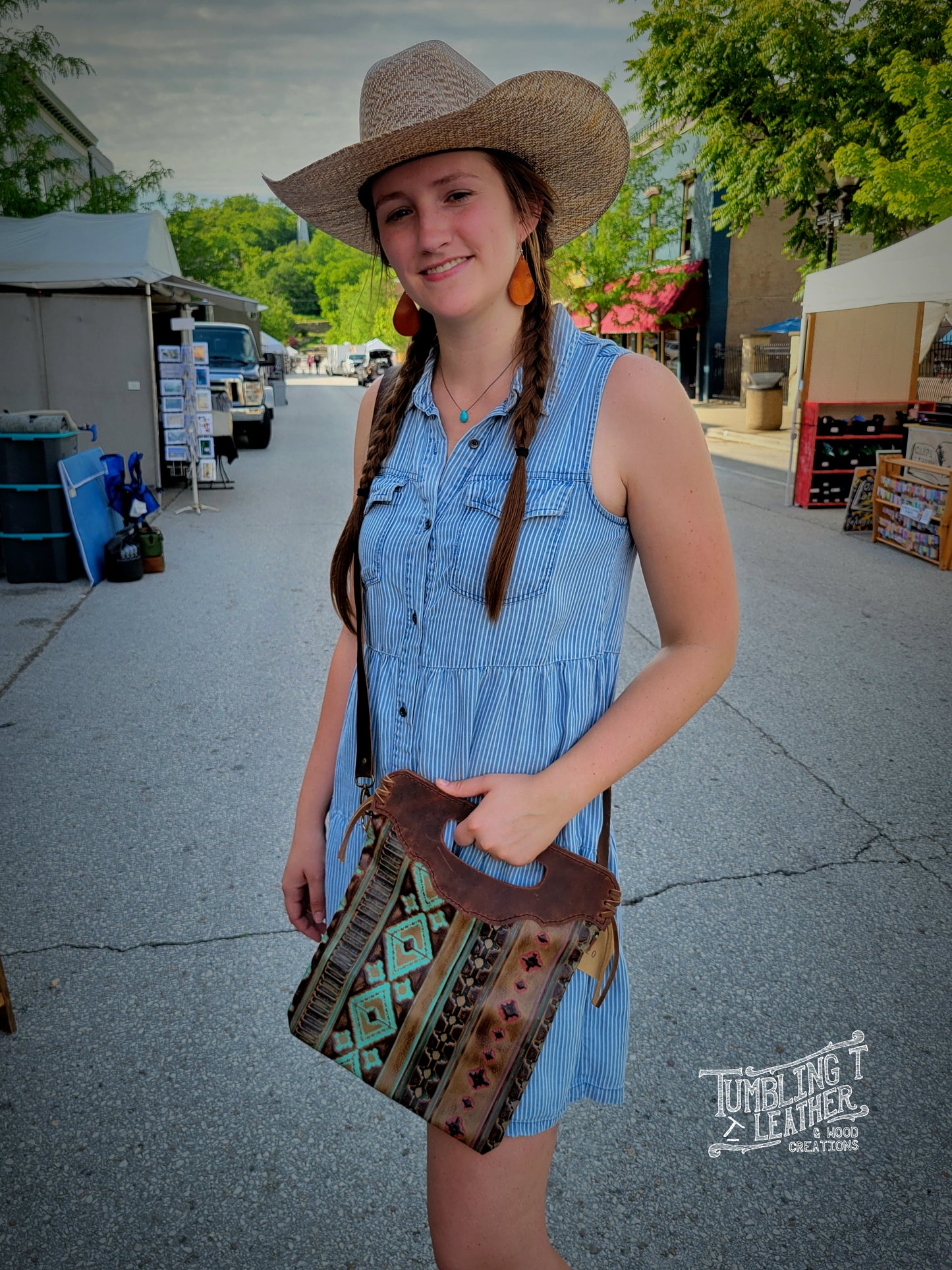 Teal Western Crossbody Tote