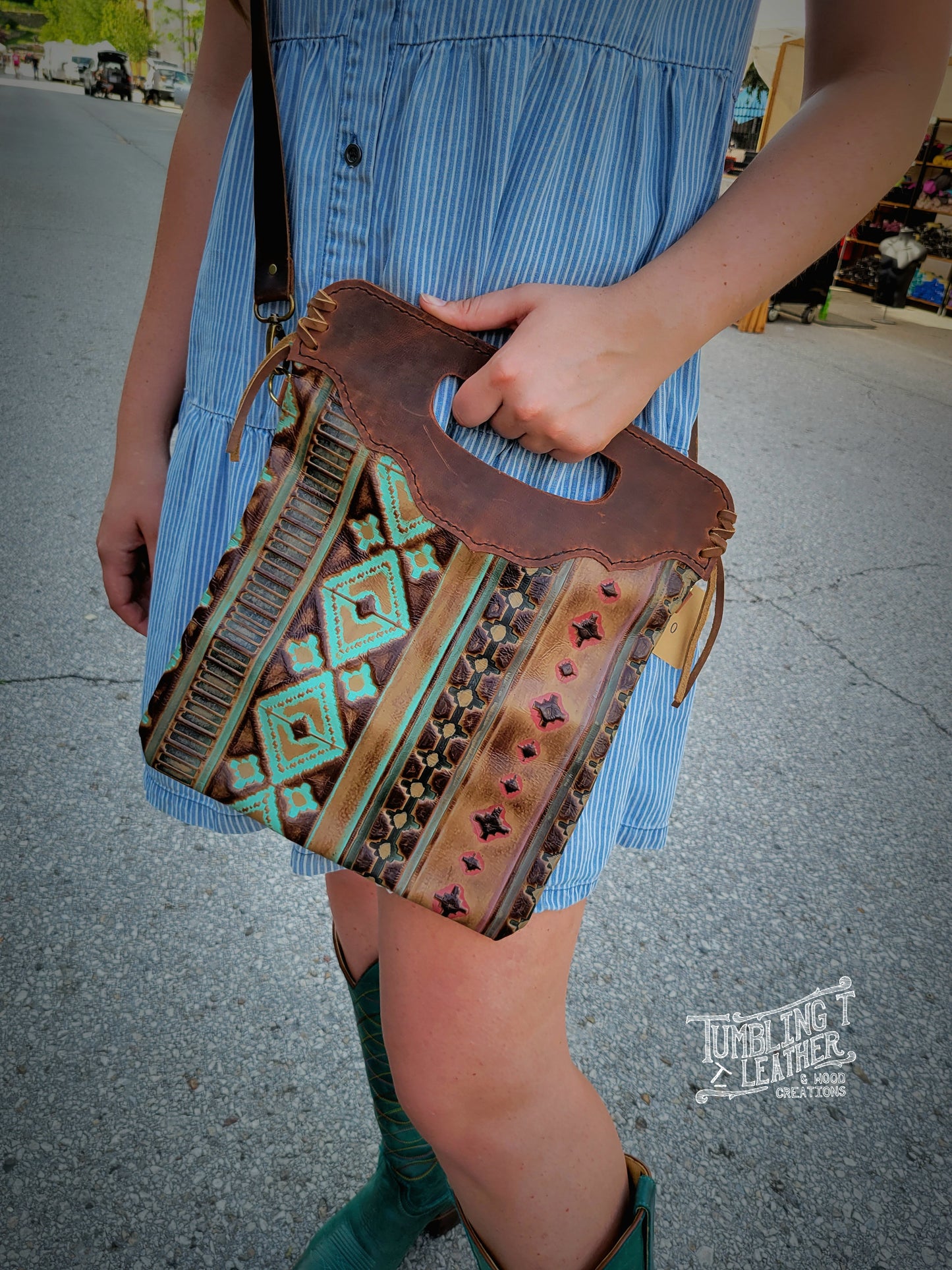 Teal Western Crossbody Tote
